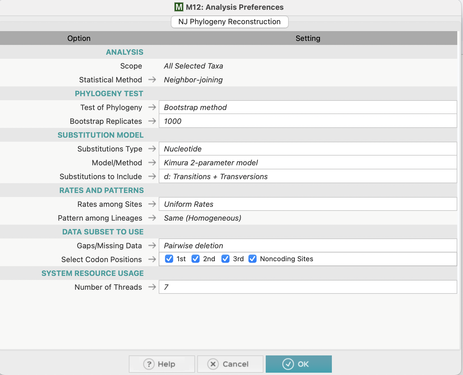 Figure 4: Phylogenetic tree construction parameters screenshot in MEGA software.